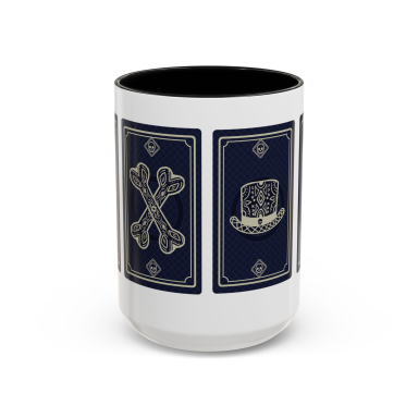 White mug featuring black and white designs of crossed bones and a top hat.